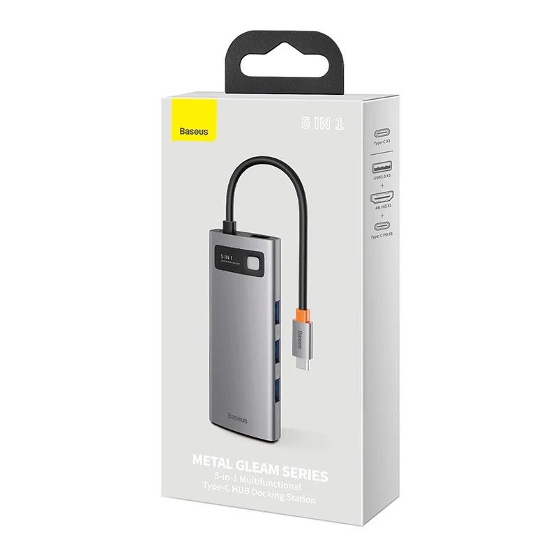 Baseus Docking Station 5σε1 Metal Gleam Series, USB-C σε 3xUSB 3.0 + HDMI + USB-C PD (Ασημί)