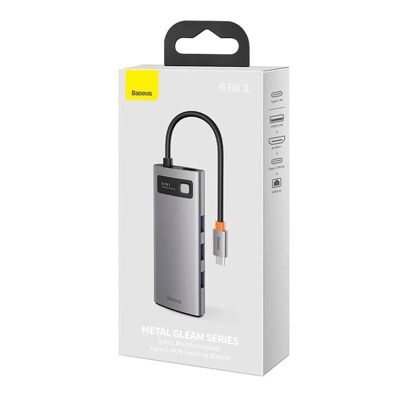 Baseus Docking Station 6σε1 Metal Gleam Series USB-C σε 3x USB 3.0 + HDMI + USB-C PD + Ethernet RJ45 (Ασημί)