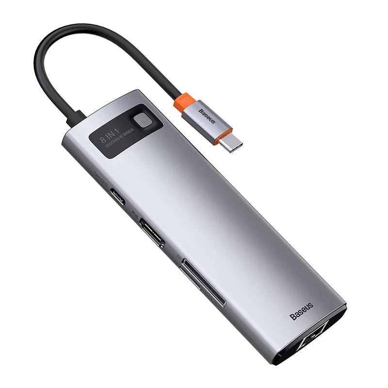 Baseus Docking Station 8σε1 Metal Gleam Series, USB-C σε 3xUSB 3.0 + HDMI + USB-C PD + Ethernet RJ45 + MicroSD/SD (Ασημί)