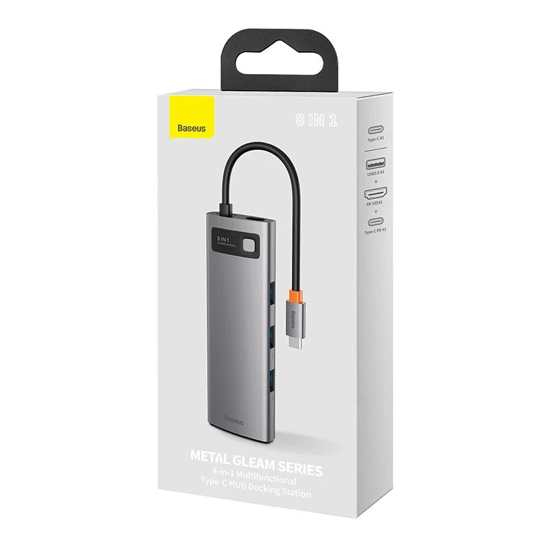 Baseus Docking Station 8σε1 Metal Gleam Series, USB-C σε 3xUSB 3.0 + HDMI + USB-C PD + Ethernet RJ45 + MicroSD/SD (Ασημί)