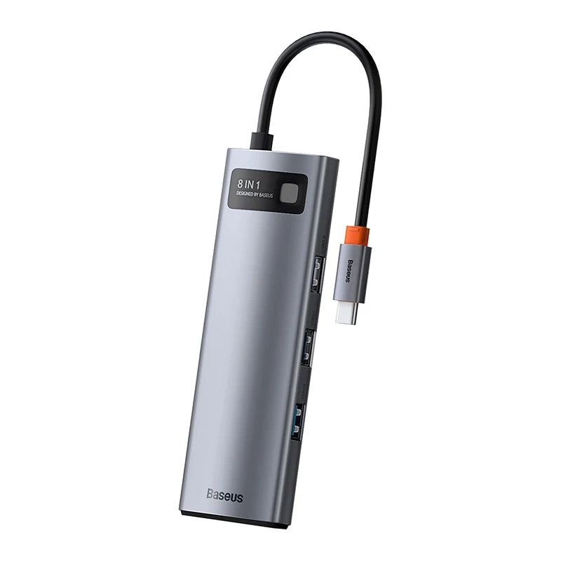 Baseus Docking Station 8σε1 Metal Gleam Series, USB-C σε 3xUSB 3.0 + HDMI + USB-C PD + Ethernet RJ45 + MicroSD/SD (Ασημί)
