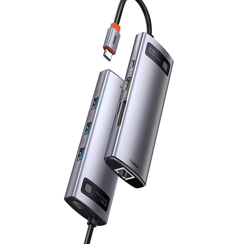 Baseus Docking Station 8σε1 Metal Gleam Series, USB-C σε 3xUSB 3.0 + HDMI + USB-C PD + Ethernet RJ45 + MicroSD/SD (Ασημί)