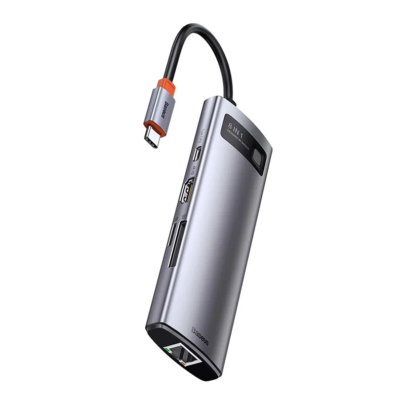 Baseus Docking Station 8σε1 Metal Gleam Series, USB-C σε 3xUSB 3.0 + HDMI + USB-C PD + Ethernet RJ45 + MicroSD/SD (Ασημί)