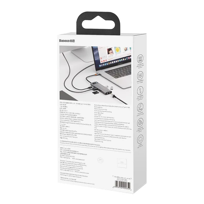 Baseus Docking Station 8σε1 Metal Gleam Series, USB-C σε 3xUSB 3.0 + HDMI + USB-C PD + Ethernet RJ45 + MicroSD/SD (Ασημί)