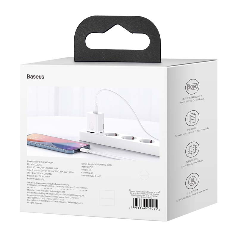Baseus Γρήγορος Φορτιστής Super Si 1C 20W με Καλώδιο USB-C σε Lightning 1m (Λευκό)