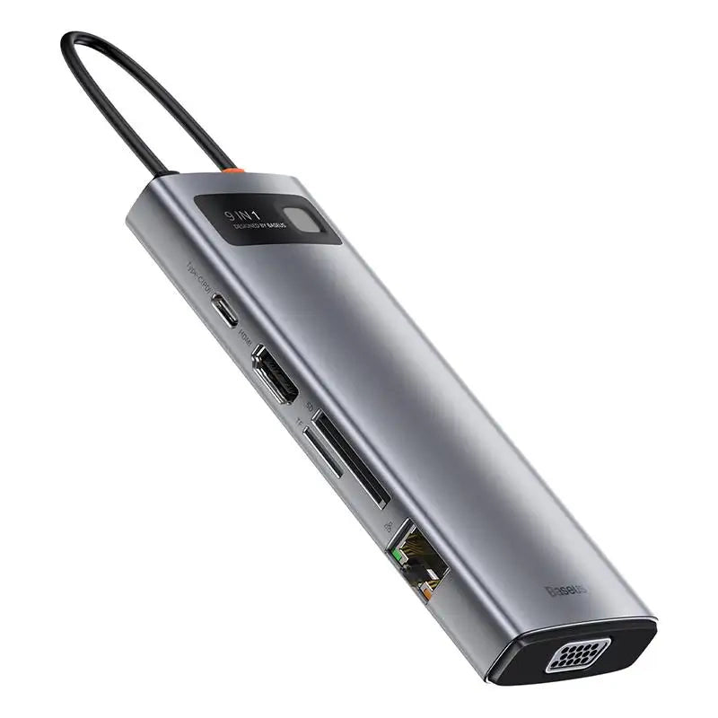 Baseus Docking Station 9σε1 Metal Gleam Series, USB-C σε 3xUSB 3.0 + HDMI + USB-C PD + Ethernet RJ45 + MicroSD/SD + VGA (Ασημί)