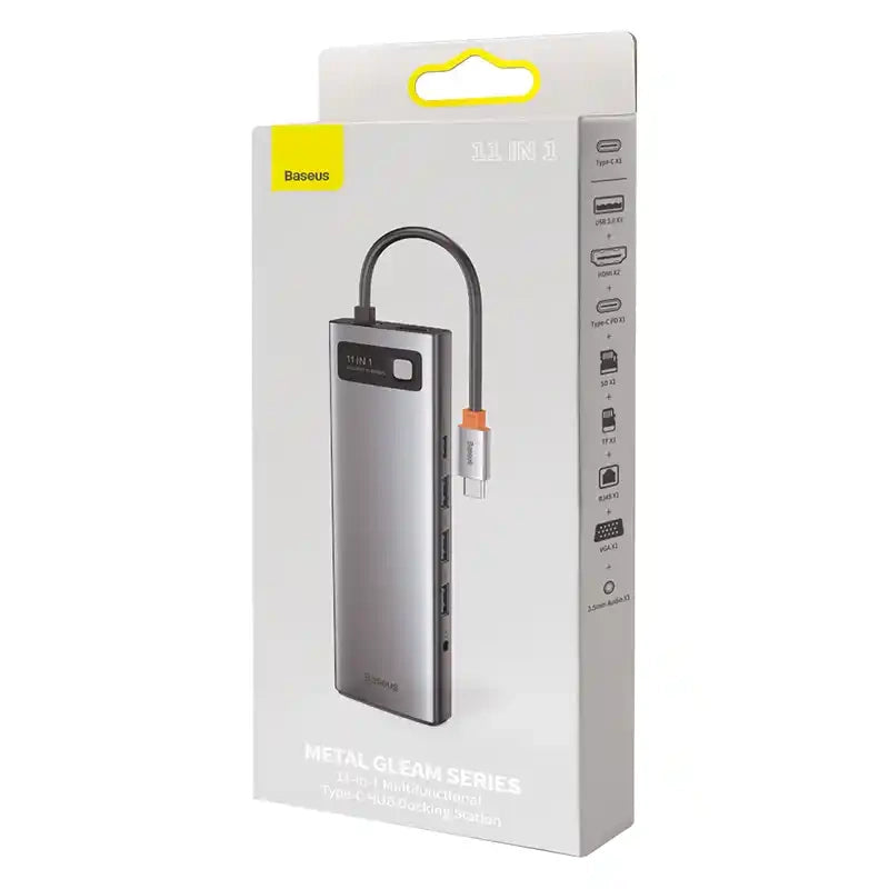 Baseus Docking Station 11in1 Metal Gleam Series, USB-C σε 3xUSB 3.0 + 2xHDMI + USB-C PD + Ethernet RJ45 + microSD/SD + VGA + AUX (Ασημί)