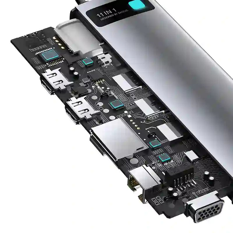 Baseus Docking Station 11in1 Metal Gleam Series, USB-C σε 3xUSB 3.0 + 2xHDMI + USB-C PD + Ethernet RJ45 + microSD/SD + VGA + AUX (Ασημί)