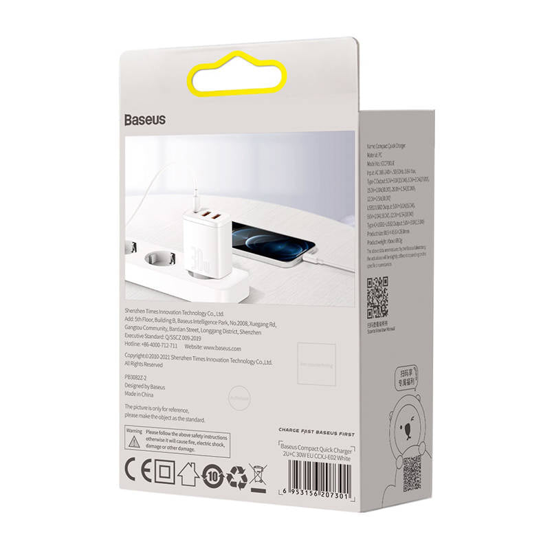 Baseus Φορτιστής Compact Quick Charger 2xUSB, USB-C, PD, 3A, 30W (Λευκό)