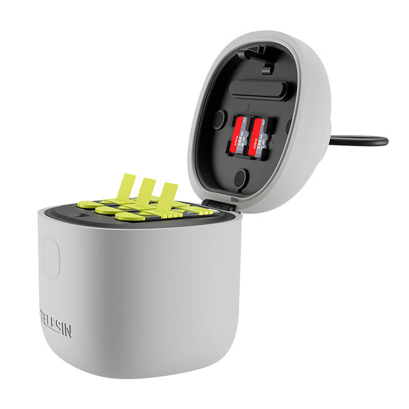 Allin box Αδιάβροχος φορτιστής τριών καναλιών Telesin + 2 μπαταρίες για GoPro Hero 12 / Hero 11 / Hero 10 / Hero 9 (GP-BTR-905-GY-B)