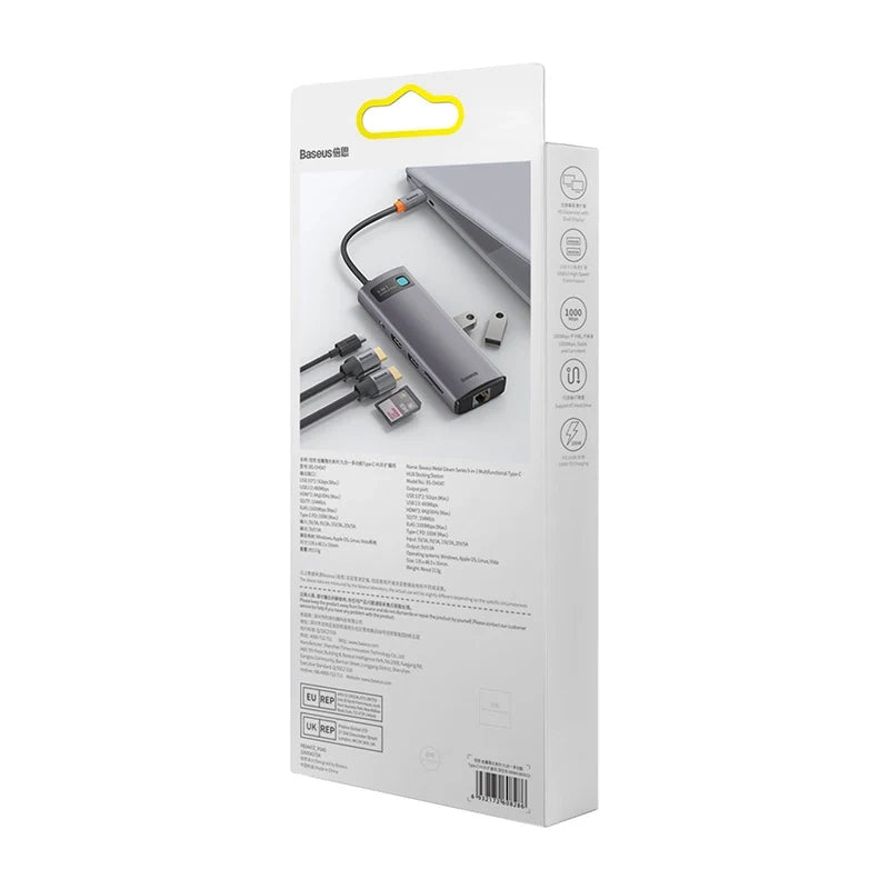 Baseus Docking Station 9σε1 Metal Gleam Series, USB-C σε 2xUSB 3.0 + 2xHDMI + USB 2.0 + USB-C PD + Ethernet RJ45 + MicroSD/SD (Γκρι)