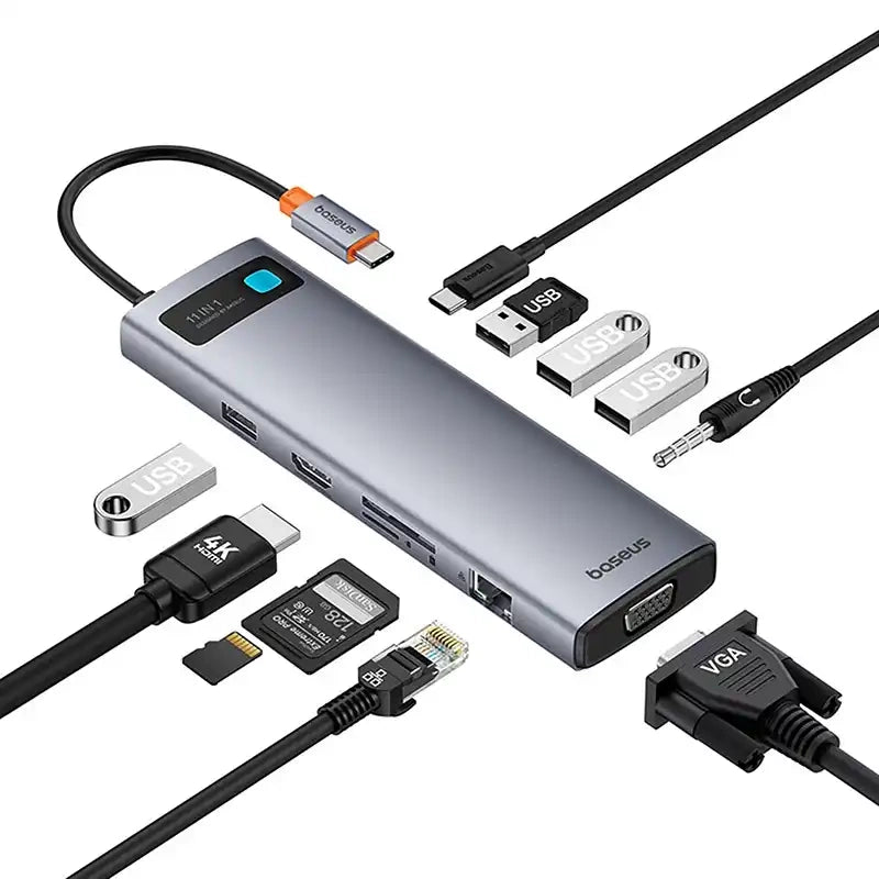 Baseus Docking Station 11σε1 StarJoy Metal Glam Series, USB-C σε HDMI +VGA + 3 x USB 3.0 + USB 2.0+USB-C PD + RJ45 + SD/TF +3.5mm (Γκρι)