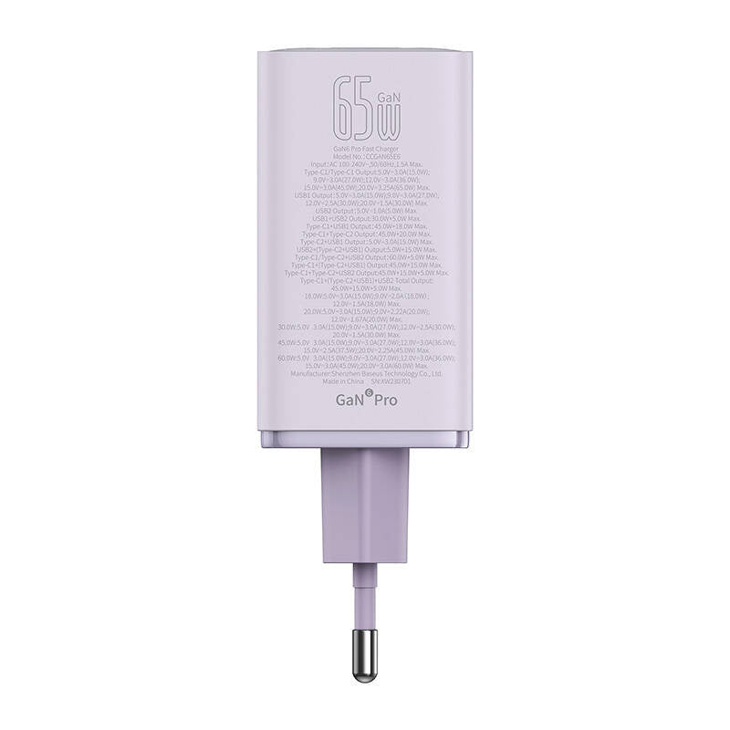 Baseus GAN6 Pro Fast Charger, 2xUSB-C + 2xUSB, 65W (purple)