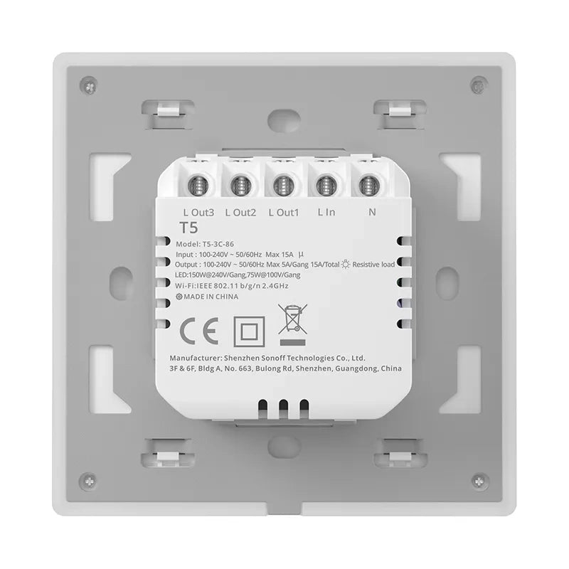 Sonoff Διακόπτης Τοίχου Χωνευτός WiFi Smart Touch TX T5 2C, 2 κανάλια (Λευκό)