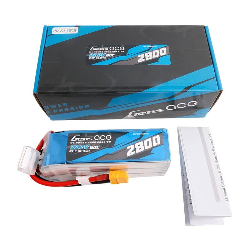 Gens ace 2800mAh 22.2V 60C 6S1P Lipo Battery Pack with XT60 plug