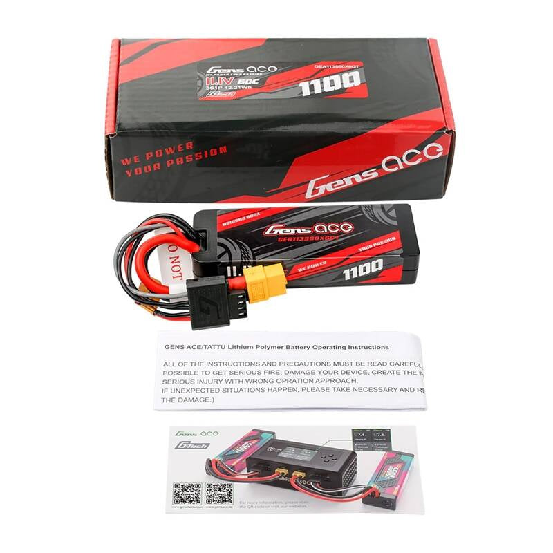 Gens ace G-Tech 1100mAh 11.1V 3S1P 60C GRP-76 Hardcase Lipo Battery Pack with XT60 Plug