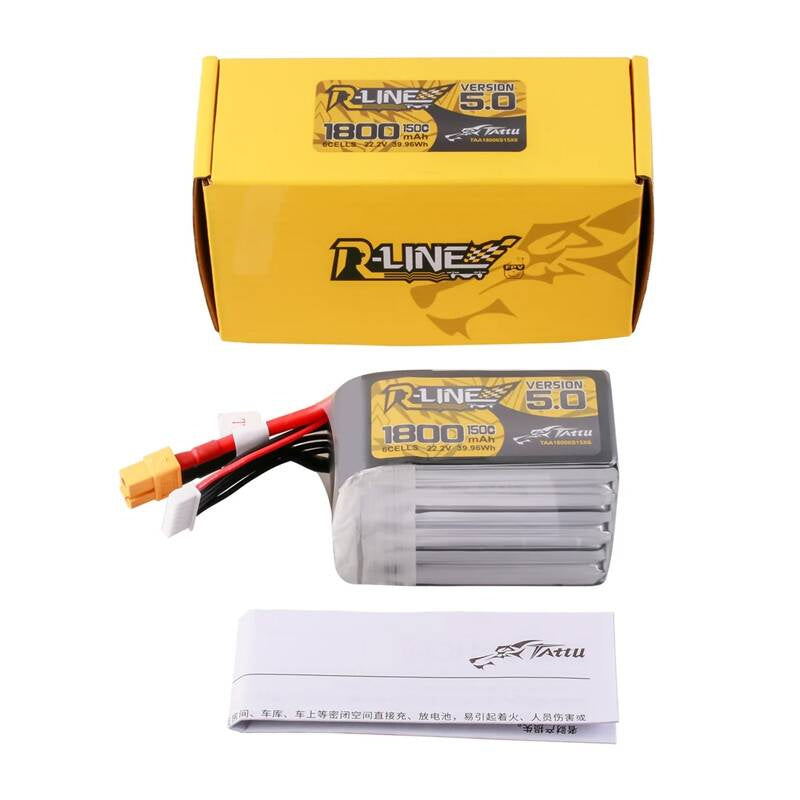 Tattu R-Line Version 5.0 1800mAh 22.2V 150C 6S Lipo Battery Pack with XT60 Plug