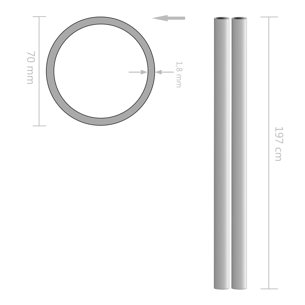 vidaXL Σωλήνες 2 τεμ Στρογγυλοί V2A 2 μ/Ø70x1,8 χιλ Ανοξείδωτου Χάλυβα