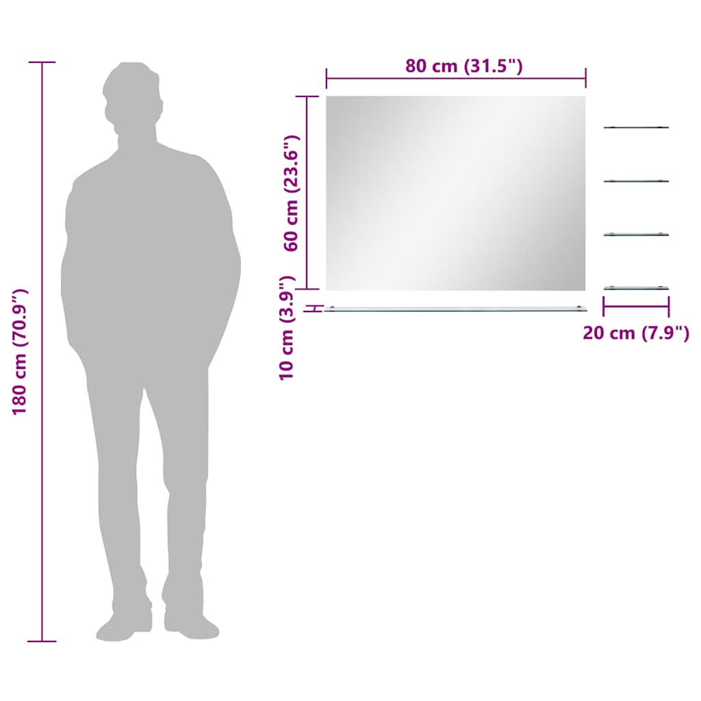 vidaXL Καθρέφτης Τοίχου Ασημί 80 x 60 εκ. με 5 Ράφια