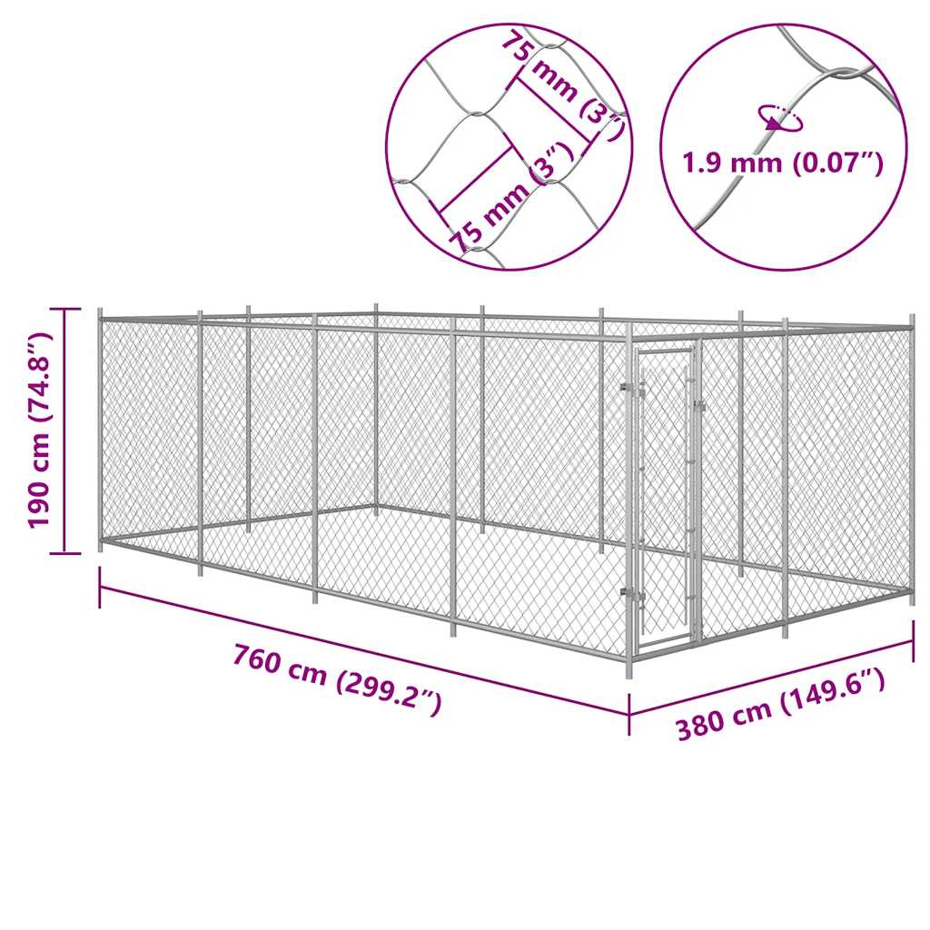 vidaXL Κλουβί Σκύλου Εξωτερικού Χώρου 7,6 x 3,8 x 1,9 μ.
