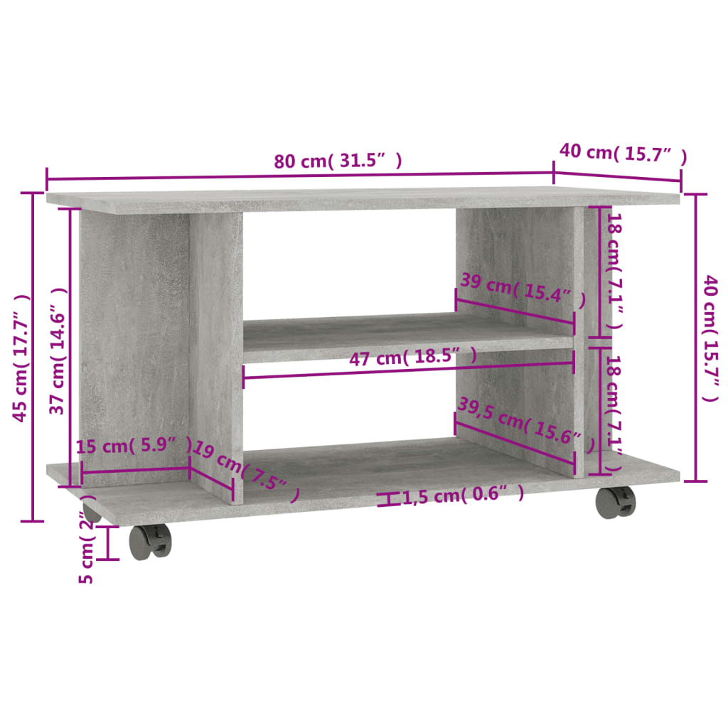 vidaXL Έπιπλο TV με Ρόδες Γκρι Σκυροδέματος 80x40x45 εκ. Επεξ. Ξύλο