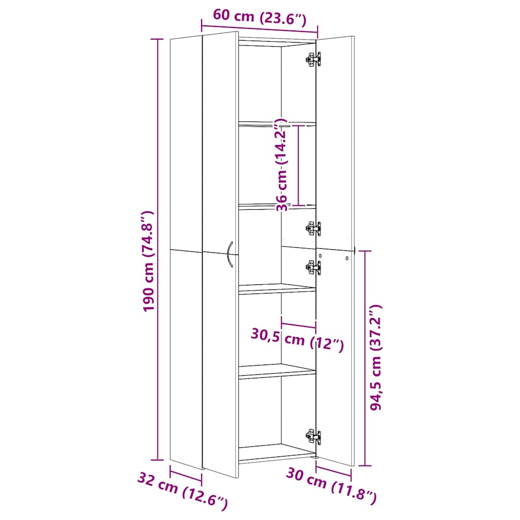 vidaXL Ντουλάπα Γραφείου Μαύρη 60 x 32 x 190 εκ. από Επεξ. Ξύλο
