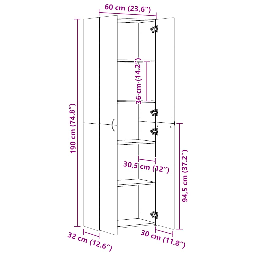 vidaXL Ντουλάπα Γραφείου Γκρι Σκυροδέματος 60x32x190 εκ. Επεξ. Ξύλο