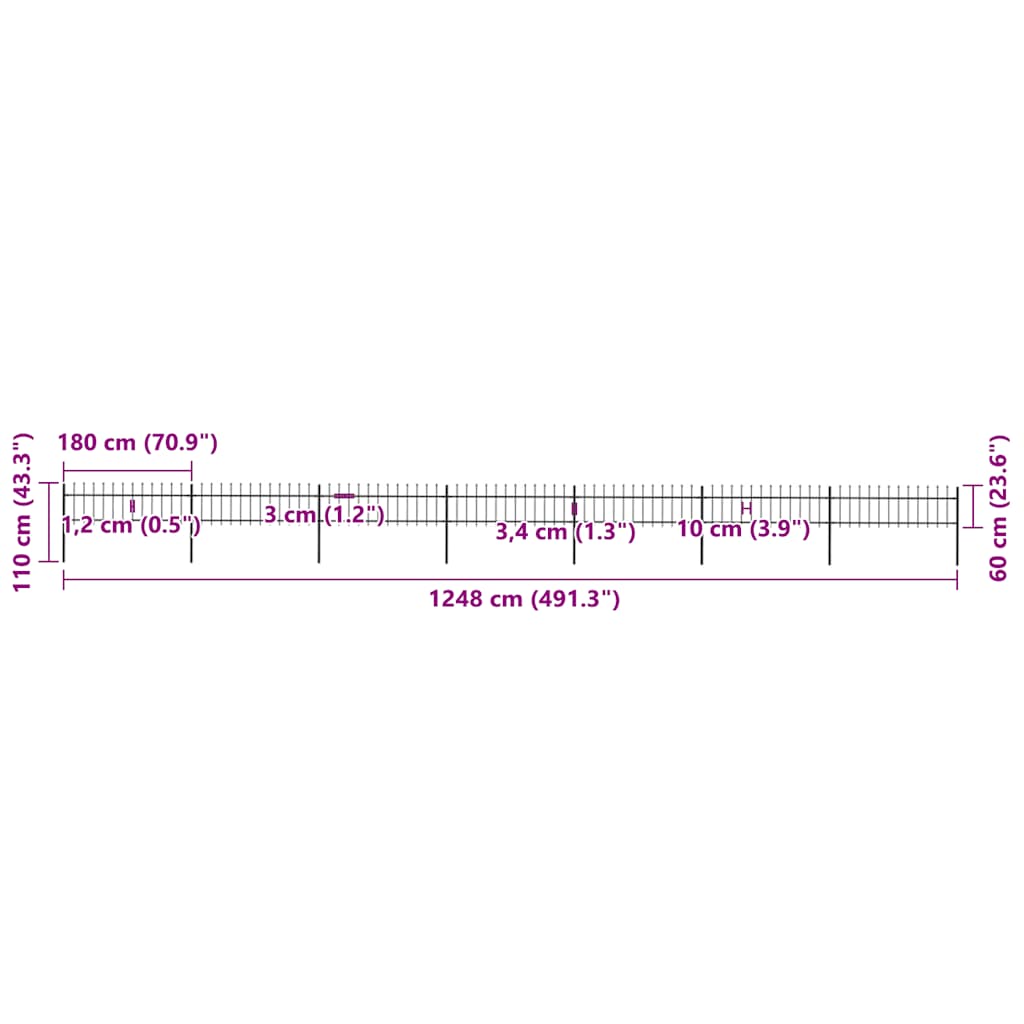 vidaXL Φράχτης Κήπου με Κορυφή Δόρυ Μαύρος Ατσάλινος 1248 x 60 εκ.
