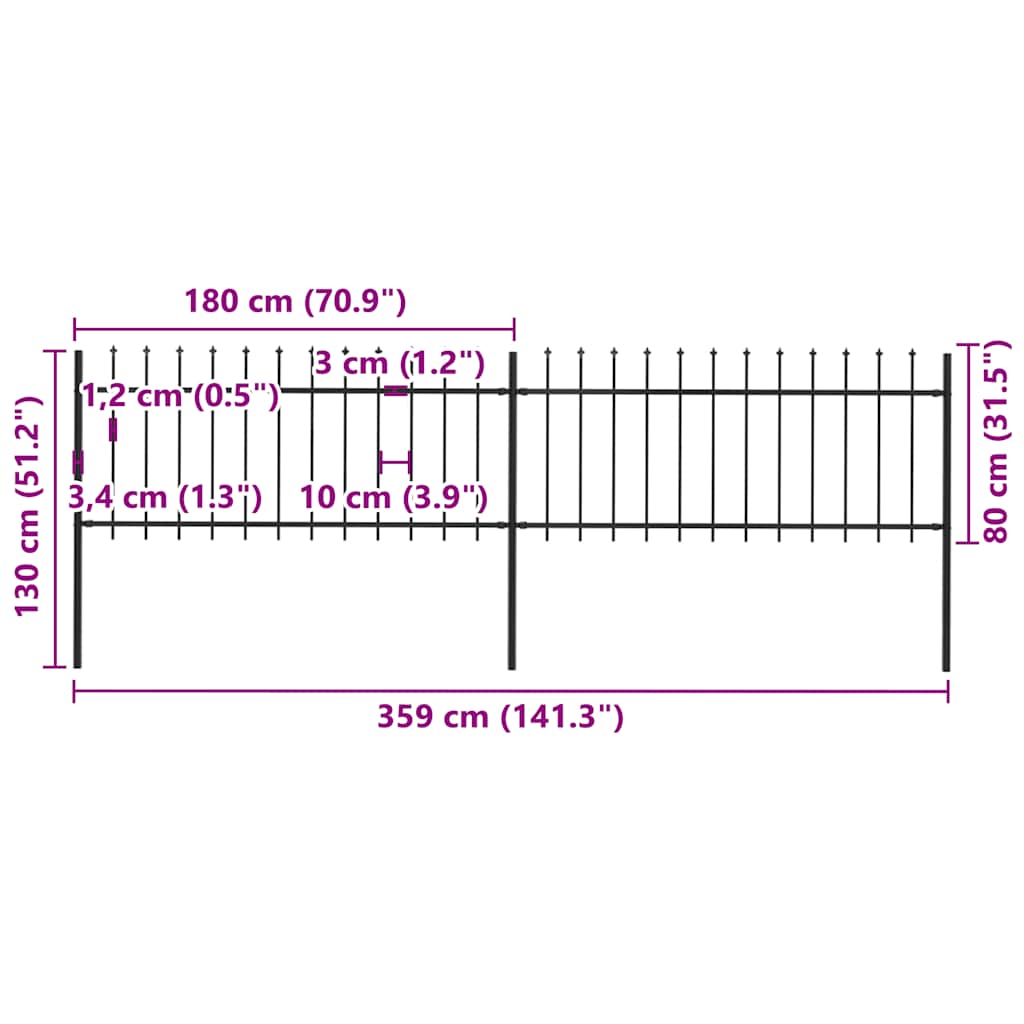 vidaXL Φράχτης Κήπου με Κορυφή Δόρυ από Ατσάλι Μαύρος 359 x 80 εκ.