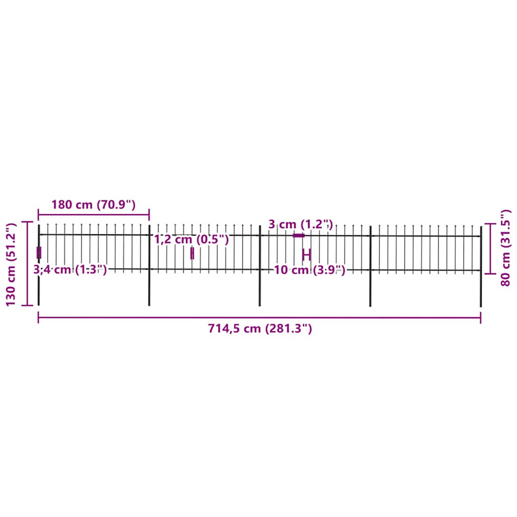 vidaXL Φράχτης Κήπου με Κορυφή Δόρυ Μαύρος Ατσάλινος 714,5 x 80 εκ.
