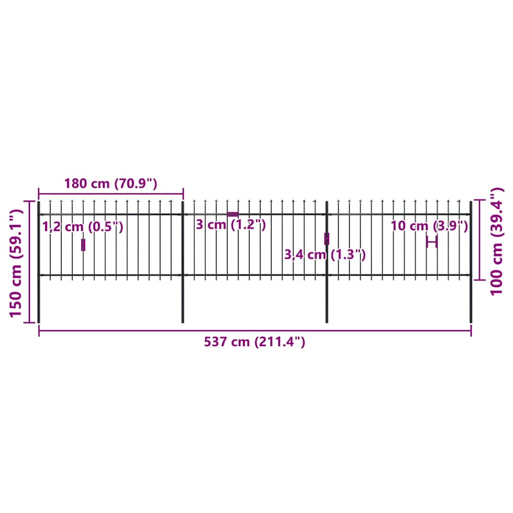 vidaXL Φράχτης Κήπου με Κορυφή Δόρυ Μαύρος Ατσάλινος 537 x 100 εκ.