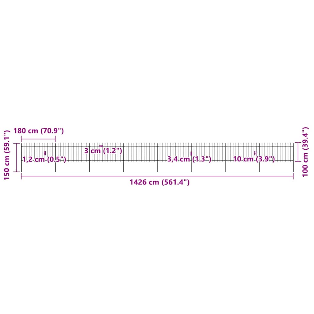 vidaXL Φράχτης Κήπου με Κορυφή Δόρυ Μαύρος Ατσάλινος 1426 x 100 εκ.