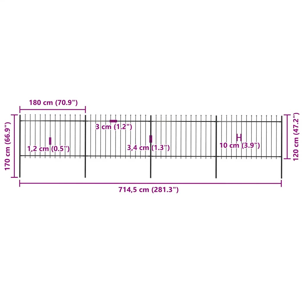 vidaXL Φράχτης Κήπου με Κορυφή Δόρυ από Ατσάλι 714,5 x 120 εκ. Μαύρος