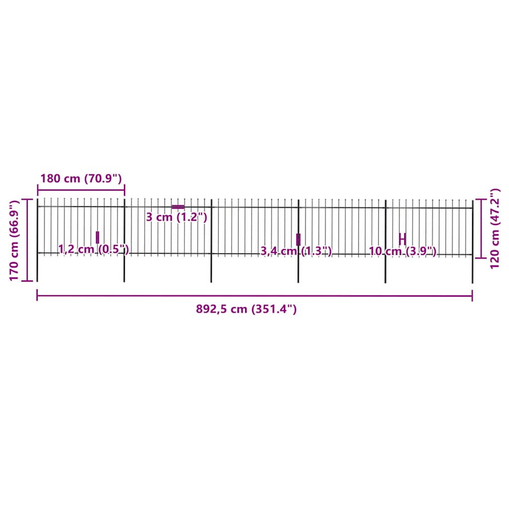 vidaXL Φράχτης Κήπου με Κορυφή Δόρυ από Ατσάλι 892,5 x 120 εκ. Μαύρος