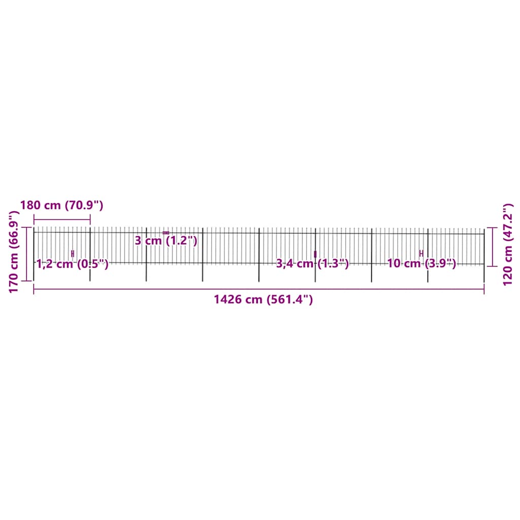 vidaXL Φράχτης Κήπου με Κορυφή Δόρυ Μαύρος Ατσάλινος 1426 x 120 εκ.