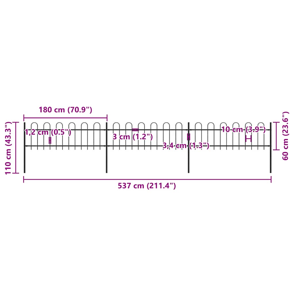 vidaXL Φράχτης Κήπου με Κορυφή από Ατσάλι Μαύρο 537 x 60 εκ.