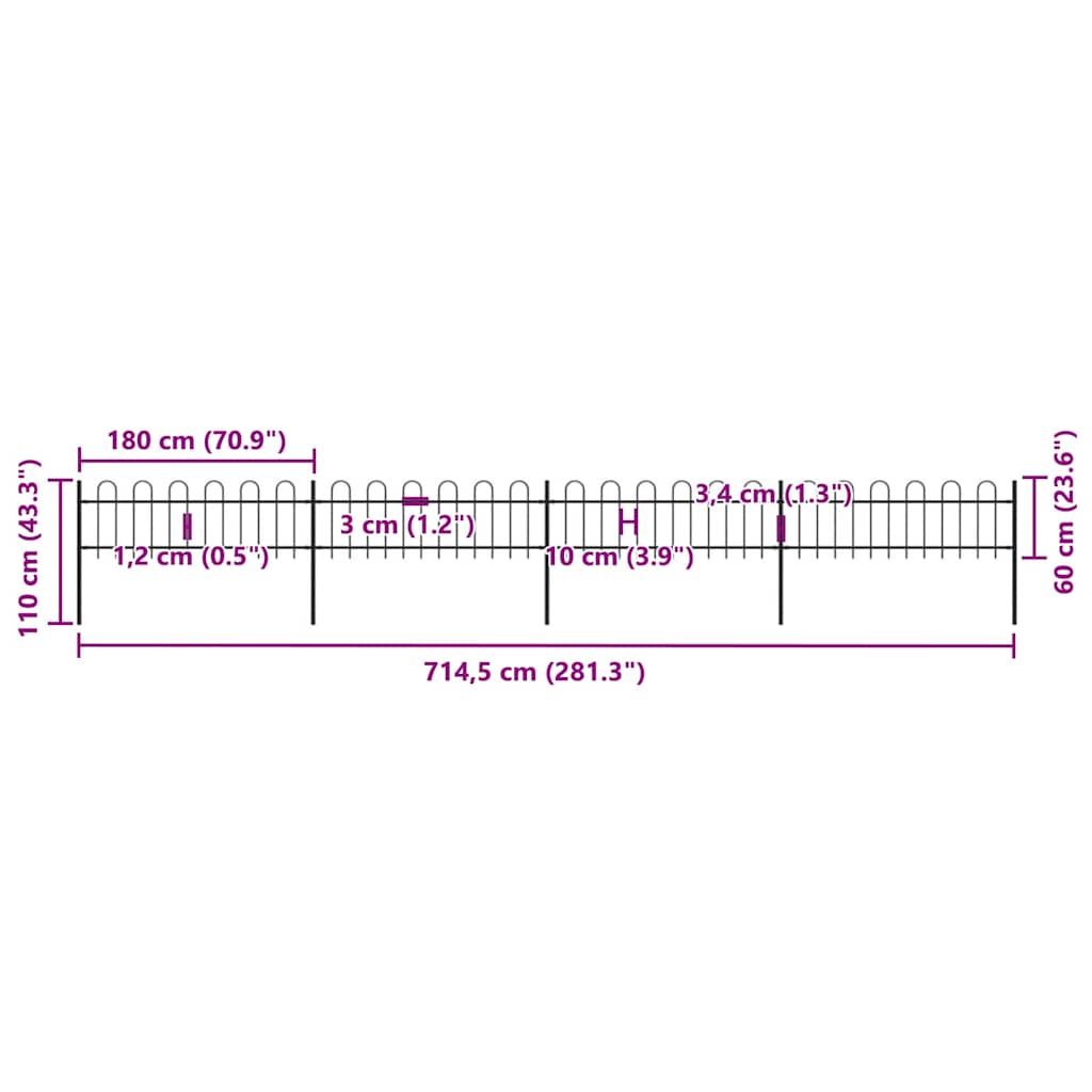 vidaXL Φράχτης Κήπου με Κορυφή από Ατσάλι 714,5x60 εκ. Μαύρος