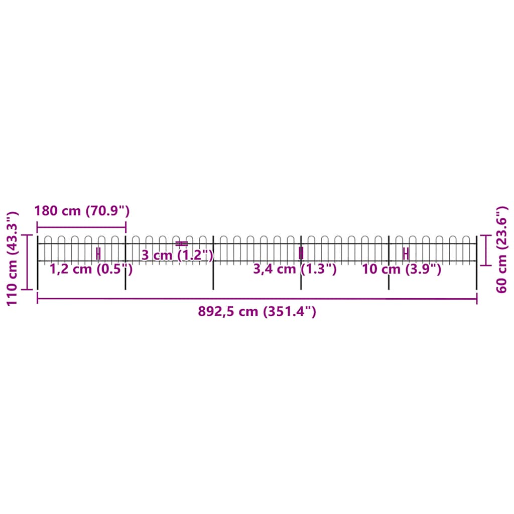 vidaXL Φράχτης Κήπου με Κορυφή από Ατσάλι 892,5 x 60 εκ. Μαύρος