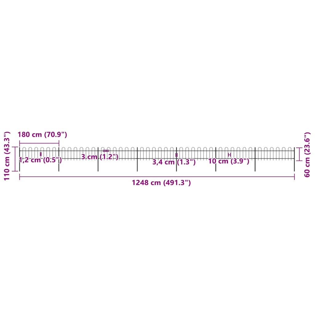 vidaXL Φράχτης Κήπου με Κορυφή από Ατσάλι, Μαύρος 1248 x 60 εκ.