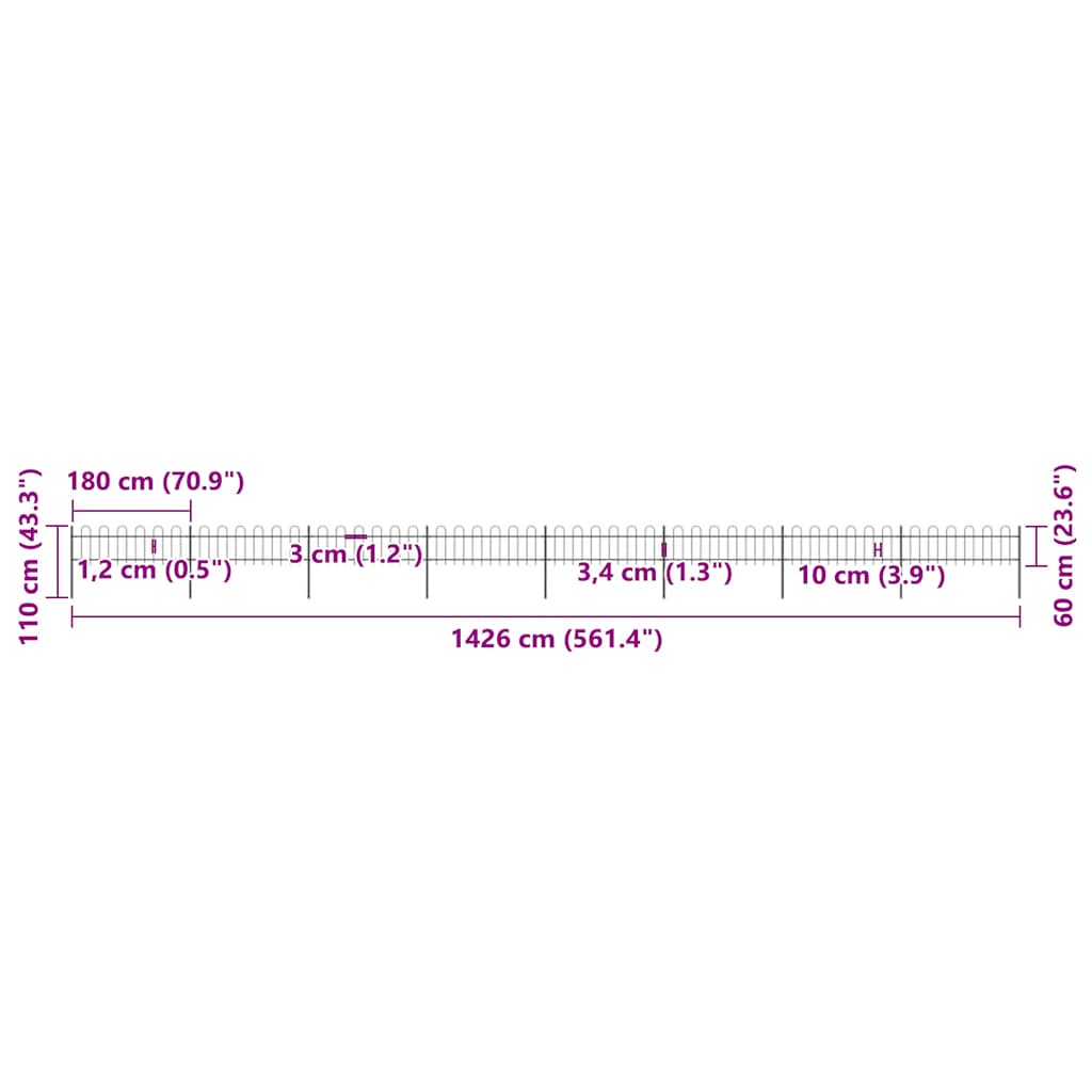 vidaXL Φράχτης Κήπου με Κορυφή από Ατσάλι, Μαύρος 1426 x 60 εκ.