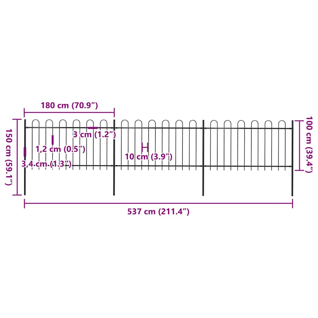 vidaXL Φράχτης Κήπου με Κορυφή από Ατσάλι 537 x 100 εκ. Μαύρος