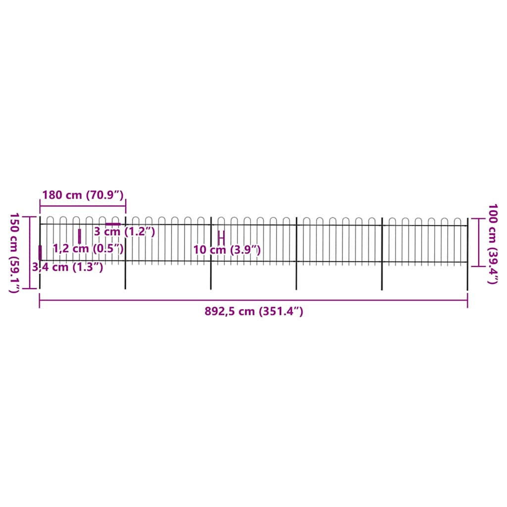 vidaXL Φράχτης Κήπου με Κορυφή από Ατσάλι 892,5 x 100 εκ. Μαύρος