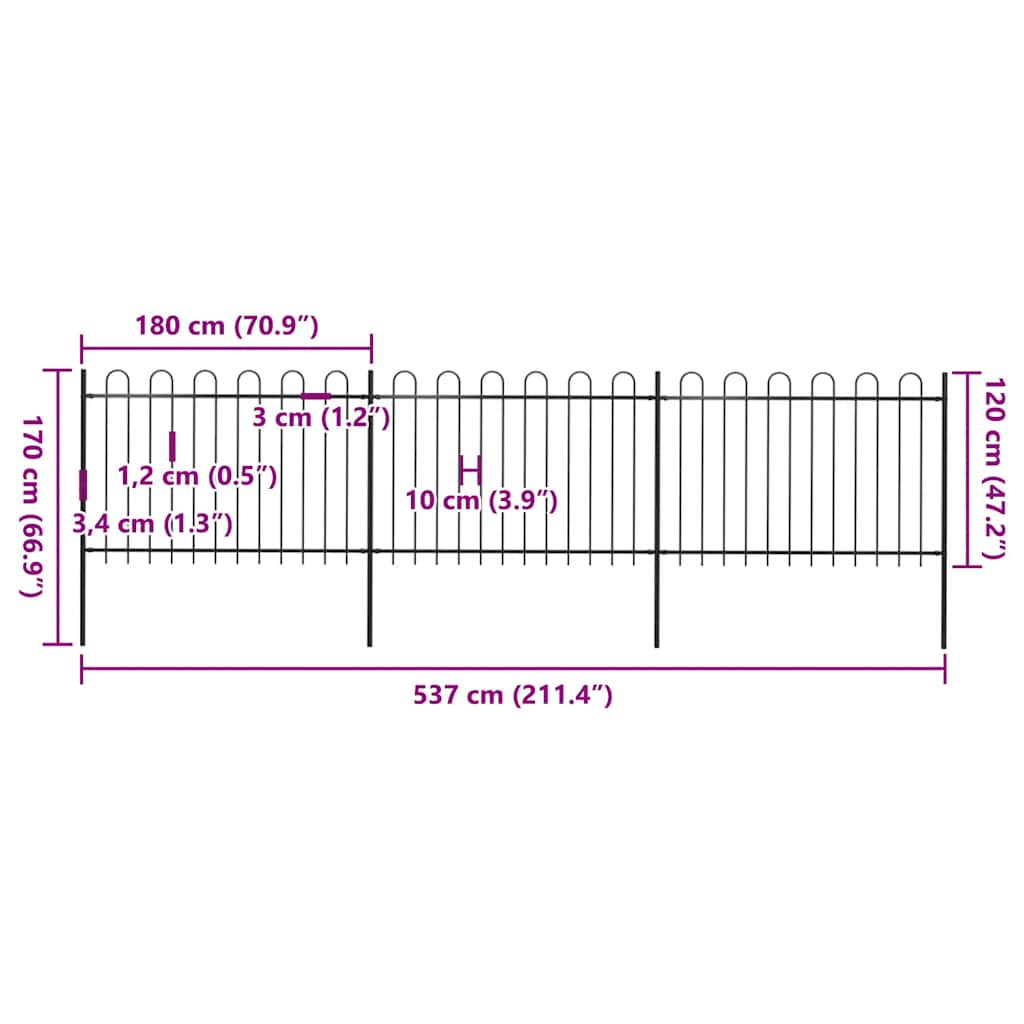 vidaXL Φράχτης Κήπου με Κορυφή από Ατσάλι, Μαύρος 537 x 120 εκ.