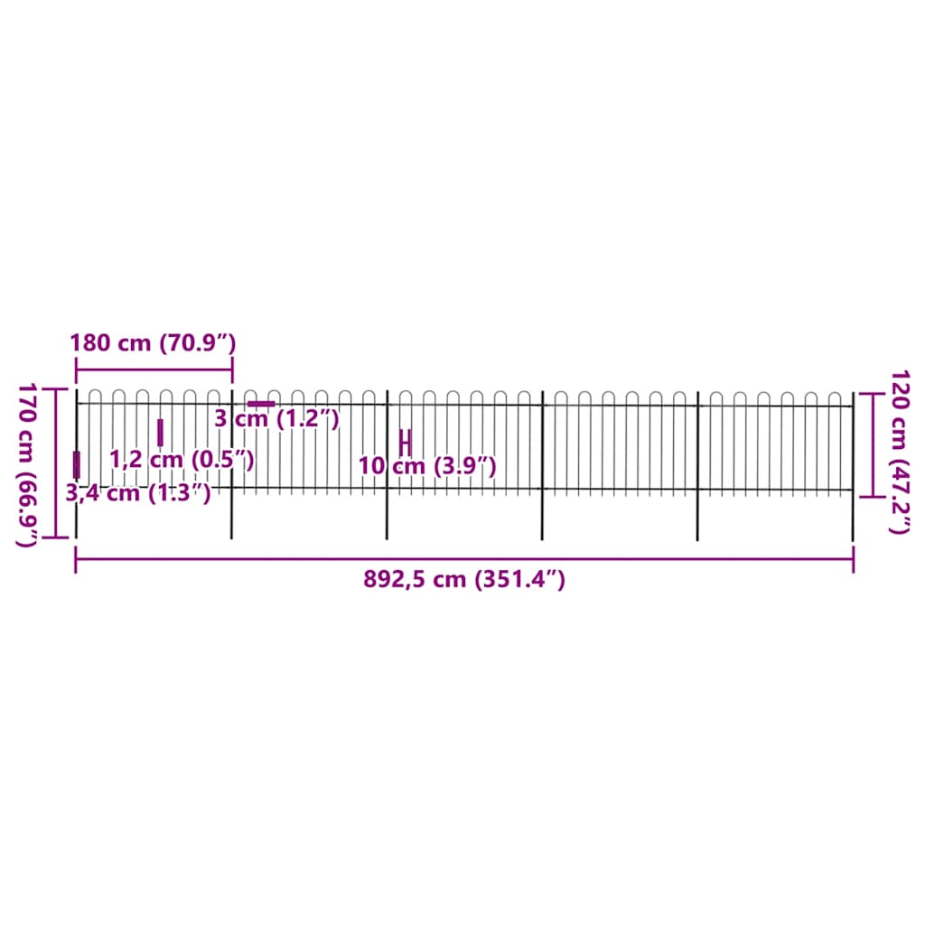 vidaXL Κάγκελα Περίφραξης με Κυκλική Κορυφή Μαύρα 8,5x1,2 μ. Ατσάλινα