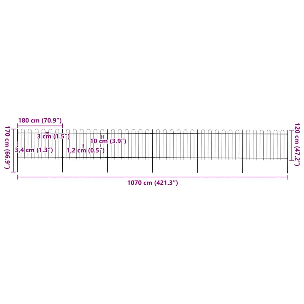 vidaXL Φράχτης Κήπου με Κορυφή από Ατσάλι 1070x120 εκ. Μαύρος