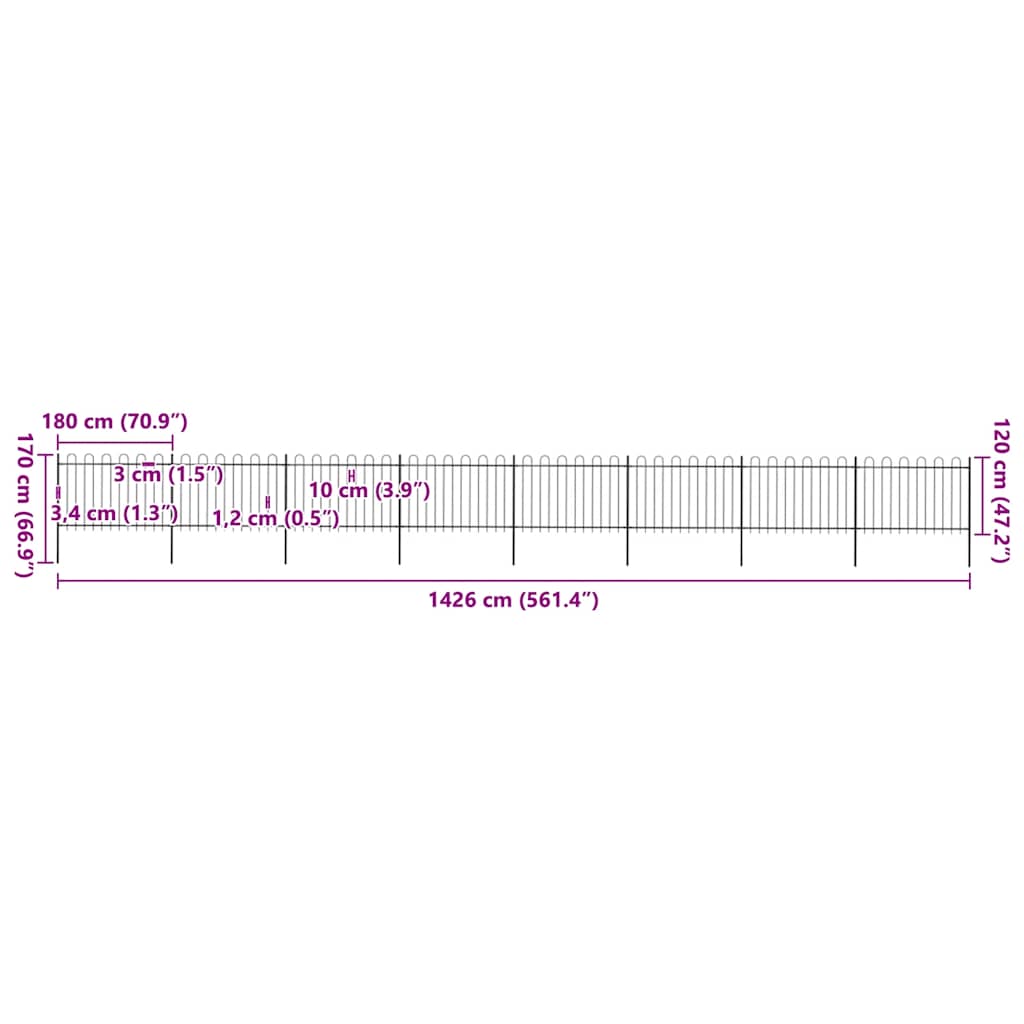 vidaXL Φράχτης Κήπου με Κορυφή από Ατσάλι 1339 x 120 εκ. Μαύρος