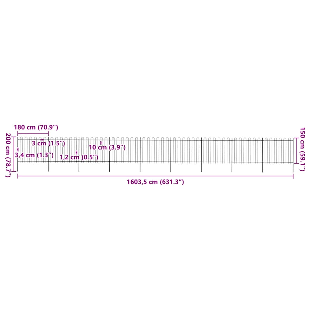 vidaXL Φράχτης Κήπου με Κορυφή από Ατσάλι 1603,5 x 150 εκ. Μαύρος