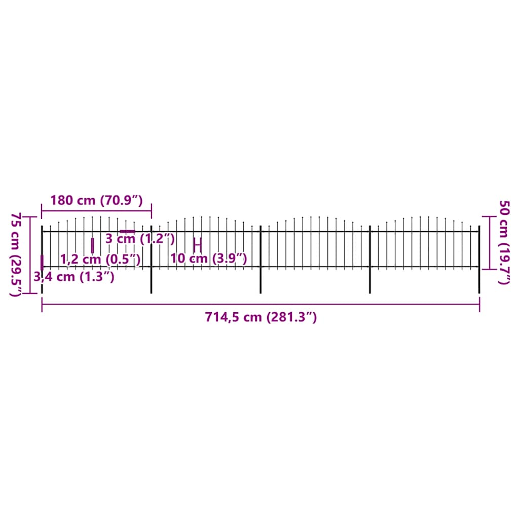 vidaXL Φράχτης Κήπου με Κορυφή Δόρυ από Ατσάλι 671x75 εκ. Μαύρος