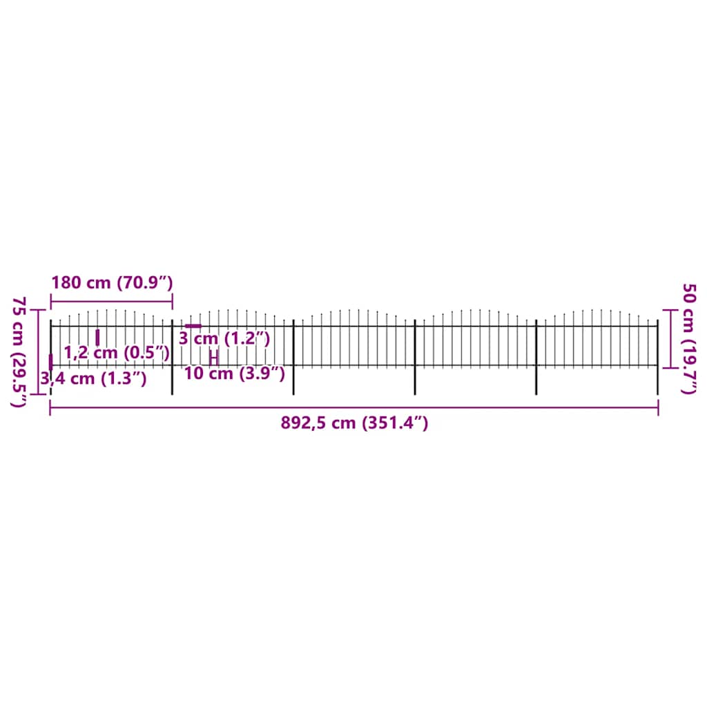 vidaXL Φράχτης Κήπου με Κορυφή Δόρυ από Ατσάλι 892,5x75 εκ. Μαύρος