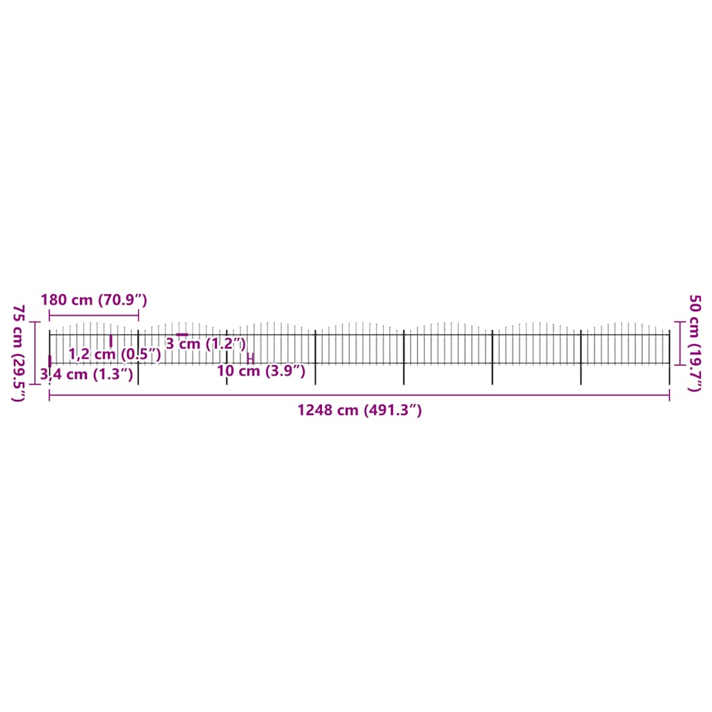 vidaXL Κάγκελα Περίφραξης με Λόγχες Μαύρα (0,5-0,75)x11,9 μ. Ατσάλινα
